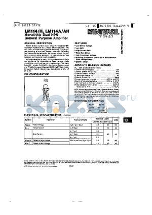 LM114H datasheet - MONOLITHIC DUAL NPN GENERAL PURPOSE AMPLIFIER