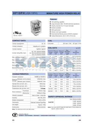 HF10FH/012A-3Z-1TGXXX datasheet - MINIATURE HIGH POWER RELAY