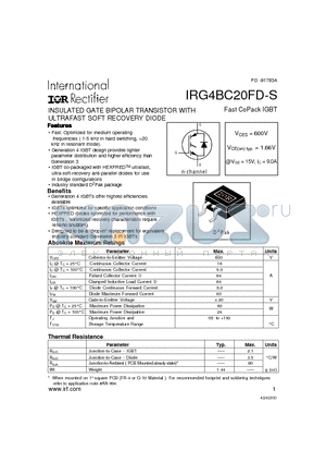 IRG4BC20FD-S datasheet - INSULATED GATE BIPOLAR TRANSISTOR WITH ULTRAFAST SOFT RECOVERY DIODE(Vces=600V, Vce(on)typ.=1.66V, @Vge=15V, Ic=9.0A)