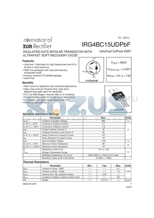 IRG4BC15UDPBF datasheet - INSULATED GATE BIPOLAR TRANSISTOR WITH ULTRAFAST SOFT RECOVERY DIODE