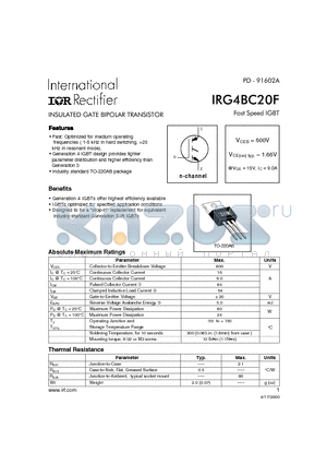 IRG4BC20F datasheet - INSULATED GATE BIPOLAR TRANSISTOR(Vces=600V, Vce(on)typ.=1.66V, @Vge=15V, Ic=9.0A)