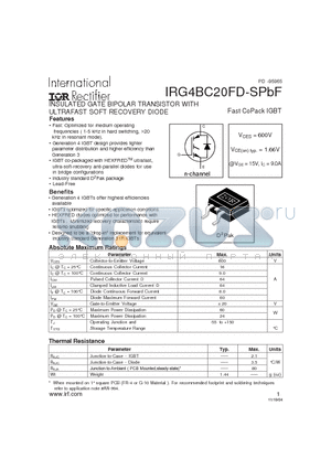 IRG4BC20FD-SPBF datasheet - INSULATED GATE BIPOLAR TRANSISTOR WITH ULTRAFAST SOFT RECOVERY DIODE Fast CoPack IGBT