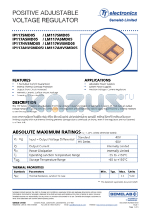 LM117ASMD05 datasheet - POSITIVE ADJUSTABLE VOLTAGE REGULATOR