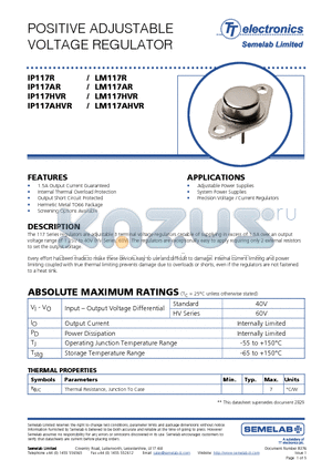 LM117AHVR datasheet - POSITIVE ADJUSTABLE VOLTAGE REGULATOR