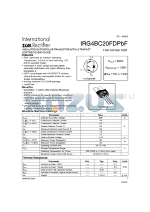 IRG4BC20FDPBF datasheet - INSULATED GATEBIPOLAR TRANSISTOR WITH ULTRAFAST SOFR RECOVERY DIODE