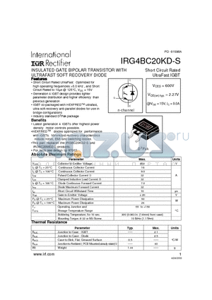IRG4BC20KD-S datasheet - INSULATED GATE BIPOLAR TRANSISTOR WITH ULTRAFAST SOFT RECOVERY DIODE(Vces=600V, Vce(on)typ.=2.27V, @Vge=15V, Ic=9.0A)