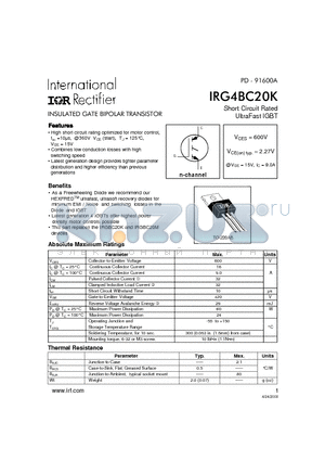 IRG4BC20K datasheet - INSULATED GATE BIPOLAR TRANSISTOR(Vces=600V, Vce(on)typ.=2.27V, @Vge=15V, Ic=9.0A)