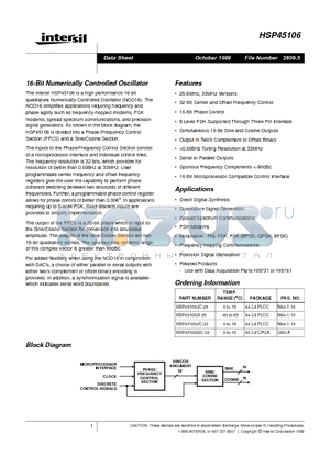 HSP45106GC-33 datasheet - 16-Bit Numerically Controlled Oscillator