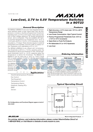 MAX6514UKN035 datasheet - Low-Cost, 2.7V to 5.5V Temperature Switches in a SOT23