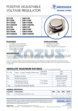 LM117AK datasheet - POSITIVE ADJUSTABLE VOLTAGE REGULATOR