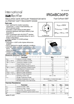 IRG4BC30FD datasheet - INSULATED GATE BIPOLAR TRANSISTOR WITH ULTRAFAST SOFT RECOVERY DIODE(Vces=600V, Vce(on)typ.=1.59V, @Vge=15V, Ic=17A)