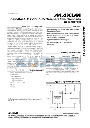 MAX6515UKP005 datasheet - Low-Cost, 2.7V to 5.5V Temperature Switches in a SOT23