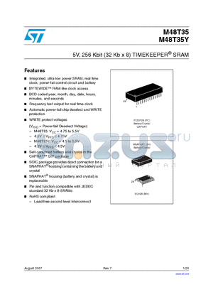 M48T35-70MH6TR datasheet - 5V, 256 Kbit (32 Kb x 8) TIMEKEEPER SRAM