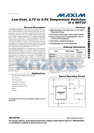 MAX6515UKP075 datasheet - Low-Cost, 2.7V to 5.5V Temperature Switches in a SOT23