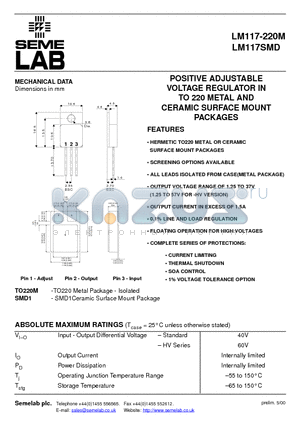 LM117SMD datasheet - POSITIVE ADJUSTABLE VOLTAGE REGULATOR IN