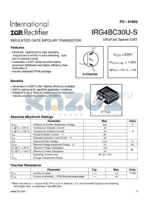 IRG4BC30U-S datasheet - INSULATED GATE BIPOLAR TRANSISTOR UltraFast Speed IGBT(Vces=600V, Vce(on)typ. = 1.95V, @Vge=15V, Ic=12A)