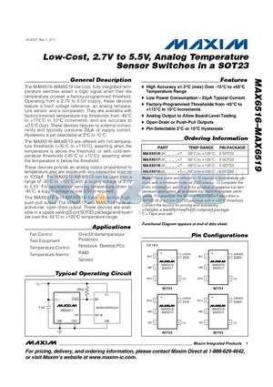MAX6516UKP005 datasheet - Low-Cost, 2.7V to 5.5V, Analog Temperature Sensor Switches in a SOT23