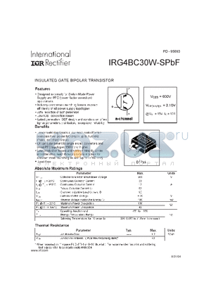 IRG4BC30W-SPBF datasheet - INSULATED GATE BIPOLAR TRANSISTOR