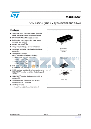 M48T35AV datasheet - 3.3V, 256Kbit (32Kbit x 8) TIMEKEEPER^ SRAM