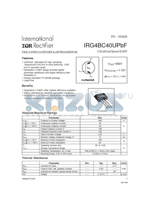 IRG4BC40UPBF datasheet - INSULATED GATE BIPOLAR TRANSISTOR UltraFast Speed IGBT
