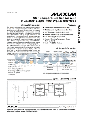 MAX6575 datasheet - SOT Temperature Sensor with Multidrop Single-Wire Digital Interface