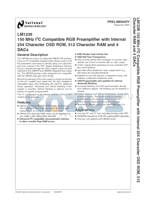 LM1236AAA/NA datasheet - 150 MHz I2C Compatible RGB Preamplifier with Internal 254 Character OSD ROM, 512 Character RAM and 4 DACs