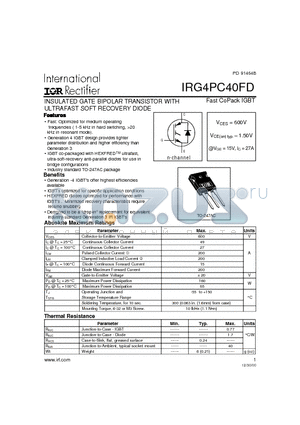IRG4PC40 datasheet - INSULATED GATE BIPOLAR TRANSISTOR WITH ULTRAFAST SOFT RECOVERY DIODE(Vces=600V, Vce(on)typ.=1.50V, @Vge=15V, Ic=27A)