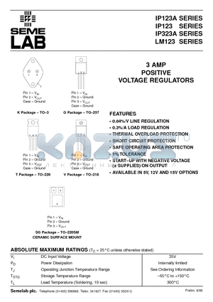 LM123-15 datasheet - 3 AMP POSITIVE VOLTAGE REGULATORS