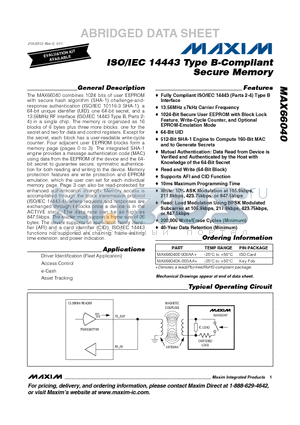 MAX66040K datasheet - ISO/IEC 14443 Type B-Compliant Secure Memory Supports AFI and CID Function