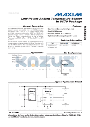 MAX6605 datasheet - Low-Power Analog Temperature Sensor in SC70 Package