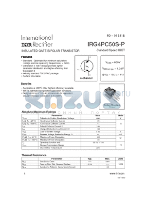 IRG4PC50S-P datasheet - INSULATED GATE BIPOLAR TRANSISTOR Standard Speed IGBT