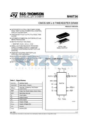 M48T36Y-70MH1 datasheet - CMOS 32K x 8 TIMEKEEPER SRAM