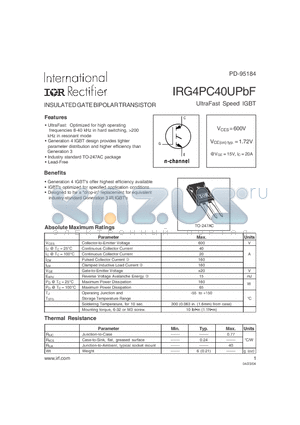 IRG4PC40UPBF datasheet - INSULATED GATE BIPOLAR TRANSISTOR UltraFast Speed IGBT