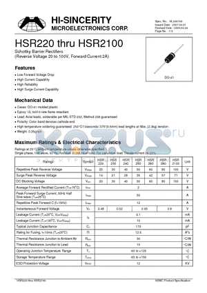 HSR2100 datasheet - Schottky Barrier Rectifiers (Reverse Voltage 20 to 100V, Forward Current 2A)