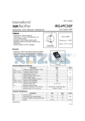 IRG4PC50F datasheet - INSULATED GATE BIPOLAR TRANSISTOR(Vces=600V, Vce(on)typ.=1.45V, @Vge=15V, Ic=39A)