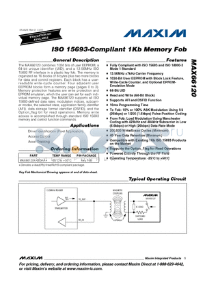 MAX66120 datasheet - ISO 15693-Compliant 1Kb Memory Fob Powered Entirely Through the RF Field