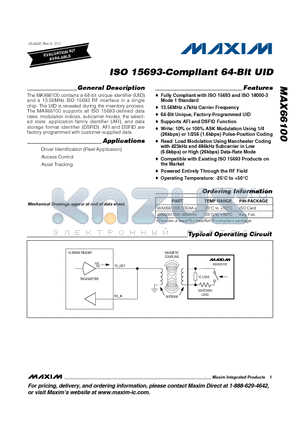 MAX66100E datasheet - ISO 15693-Compliant 64-Bit UID Powered Entirely Through the RF Field