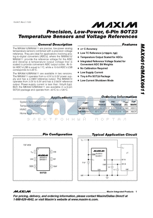 MAX6610AUT-T datasheet - Precision, Low-Power, 6-Pin SOT23 Temperature Sensors and Voltage References
