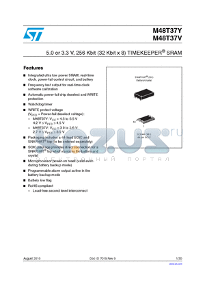 M48T37V-70MH1 datasheet - 5.0 or 3.3 V, 256 Kbit (32 Kbit x 8) TIMEKEEPER^ SRAM