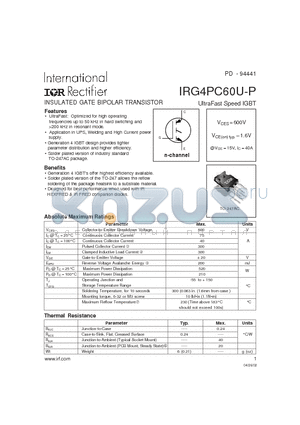IRG4PC60U-P datasheet - INSULATED GATE BIPOLAR TRANSISTOR UltraFast Speed IGBT