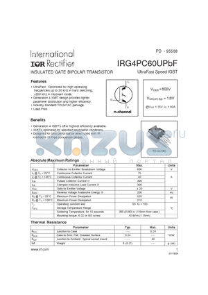 IRG4PC60UPBF datasheet - INSULATED GATE BIPOLAR TRANSISTOR UltraFast Speed IGBT