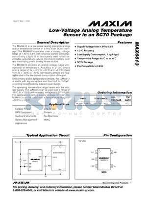 MAX6613MXK-T datasheet - Low-Voltage Analog Temperature Sensor in an SC70 Package