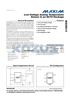 MAX6613MXV datasheet - Low-Voltage Analog Temperature Sensor in an SC70 Package