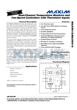 MAX6615 datasheet - Dual-Channel Temperature Monitors and Fan-Speed Controllers with Thermistor Inputs
