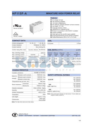 HF115F-A/024-1HS2BFXXX datasheet - MINIATURE HIGH POWER RELAY