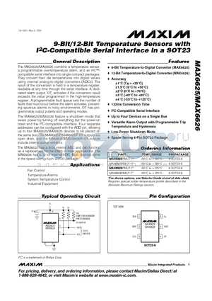 MAX6625 datasheet - 9-Bit/12-Bit Temperature Sensors with I2C-Compatible Serial Interface in a SOT23