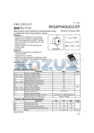 IRG4PH40UD2-EP datasheet - INSULATED GATE BIPOLAR TRANSISTOR WITH ULTRAFAST SOFT RECOVERY DIODE
