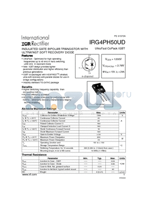 IRG4PH50UD datasheet - INSULATED GATE BIPOLAR TRANSISTOR WITH ULTRAFAST SOFT RECOVERY DIODE(Vces=1200V, Vce(on)typ.=2.78V, @Vge=15V, Ic=24A)