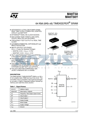 M48T58-70MH1 datasheet - 64 Kbit 8Kb x8 TIMEKEEPER SRAM