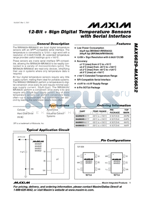 MAX6629 datasheet - 12-Bit  Sign Digital Temperature Sensors with Serial Interface